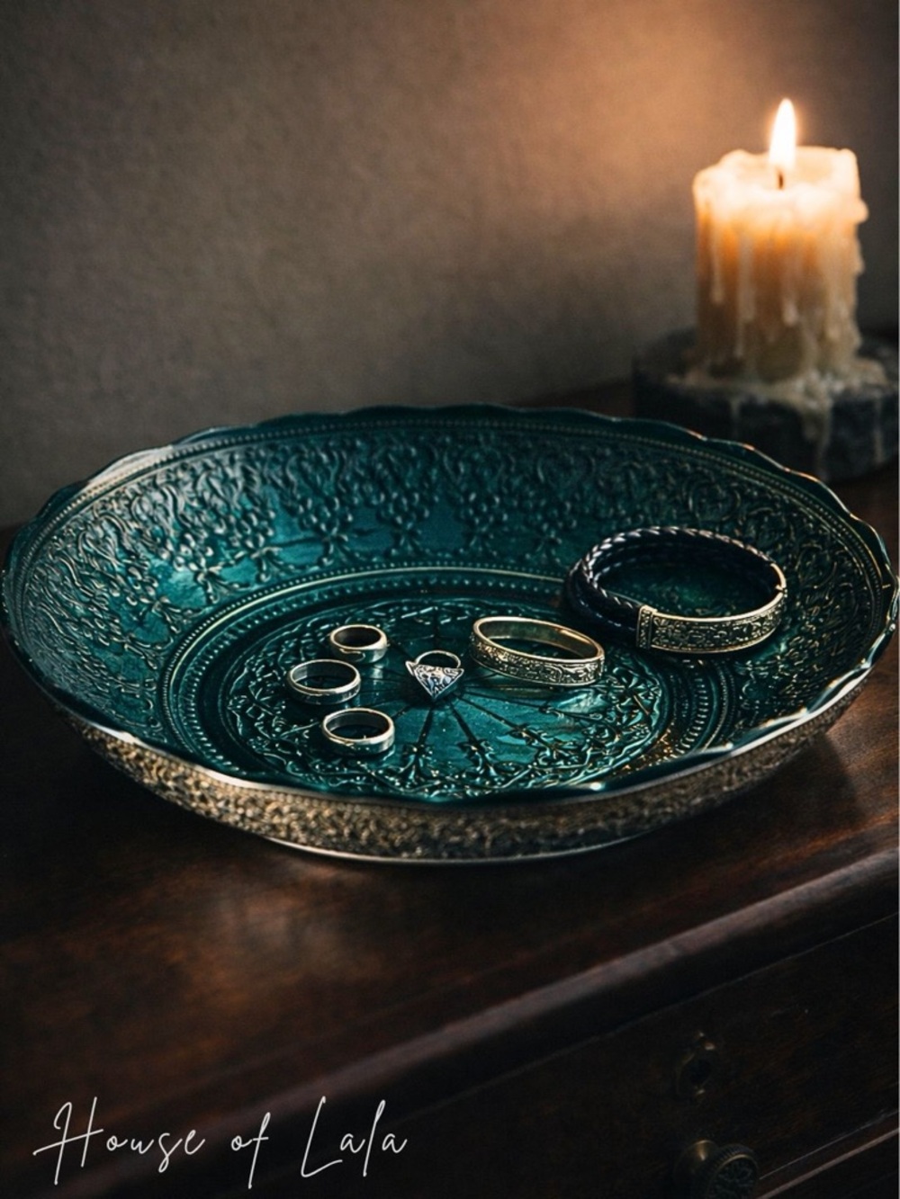Decorative Victorian Gothic Teal Black Silver Catchall Dish, Large Ornate Bowl.